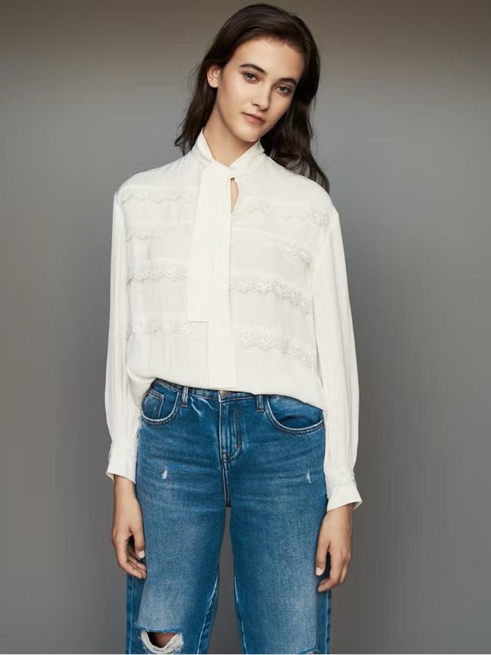 MAJE White satin Lace-Trim Tie-Neck Blouse medium